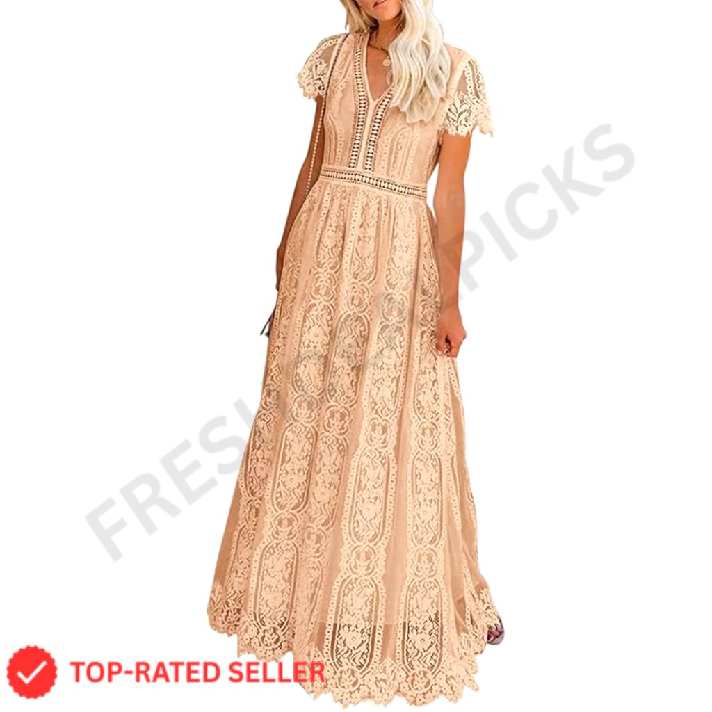 V Neck Short Sleeve Floral Lace Maxi Dress Boho Elegant Wedding Party